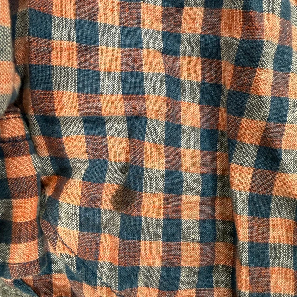 Banana Republic Camden Fit Shirt Mens Large Orange Gingham 100%‎ Linen Button Up